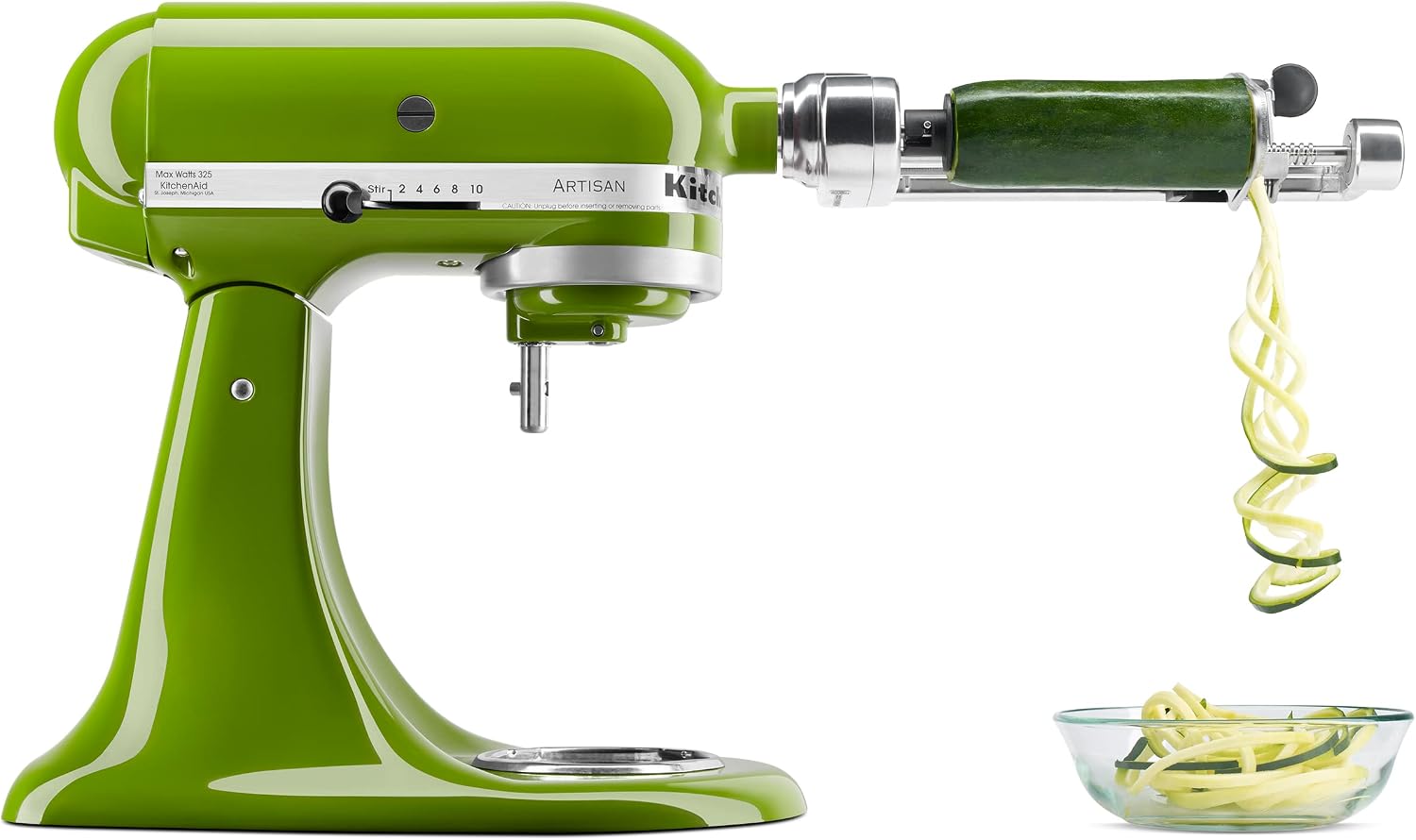 KitchenAid Artisan 5-Qt Stand Mixer in green, fitted with the spiralizer attachment making vegetable noodles