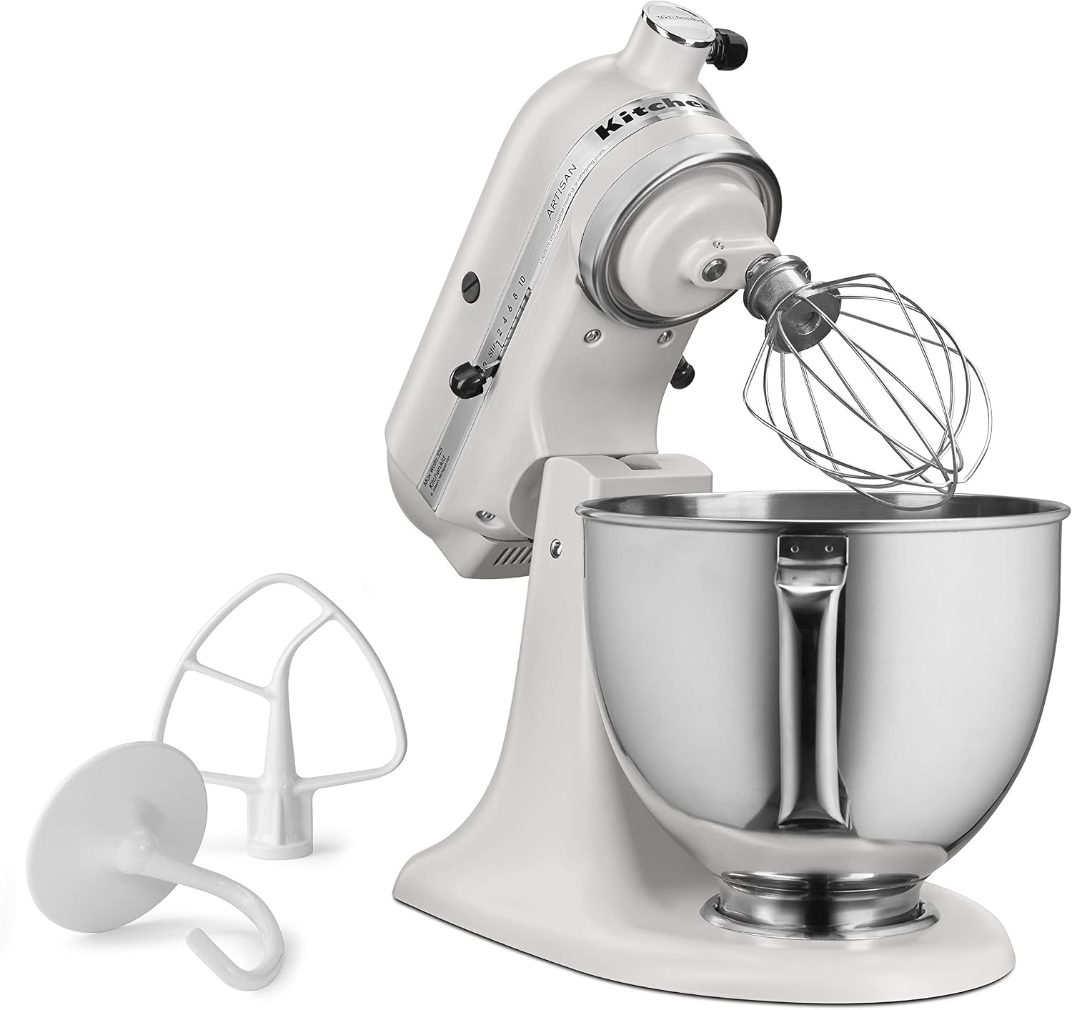 KitchenAid Artisan 5-Qt Stand Mixer in white, shown with the whisk and dough hook attachments