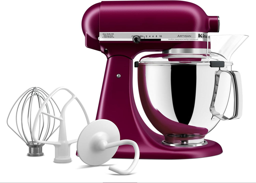 KitchenAid Artisan 5-Qt Stand Mixer in a deep red finish, shown with the bowl, whisk, and dough hook attachments