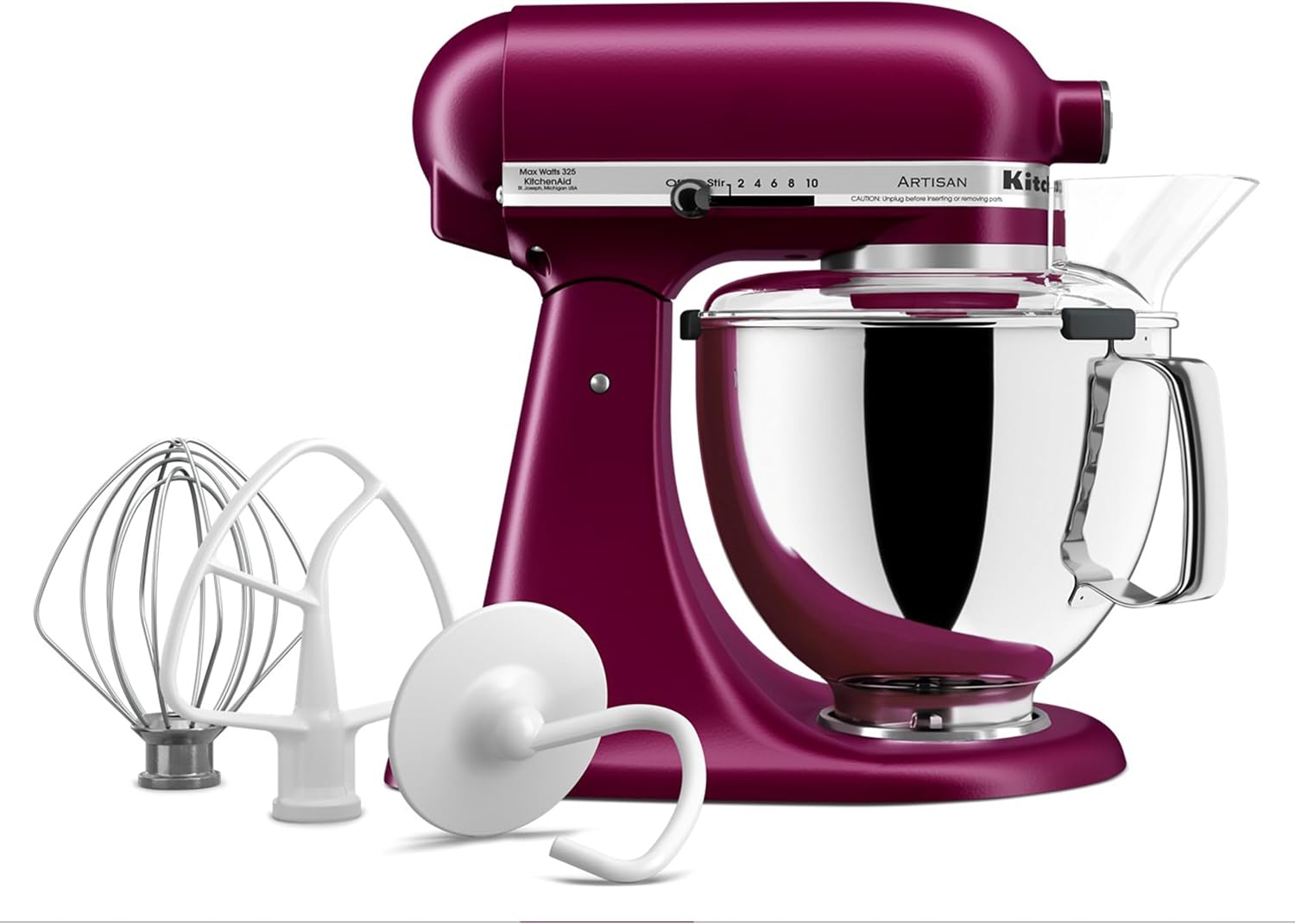 KitchenAid Artisan 5-Qt Stand Mixer in a deep red finish, shown with the bowl, whisk, and dough hook attachments
