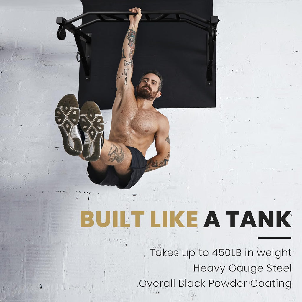 Man doing a pull-up on a wall-mounted LIONSCOOL pull-up bar, rated to 450 pounds in heavy-gauge steel