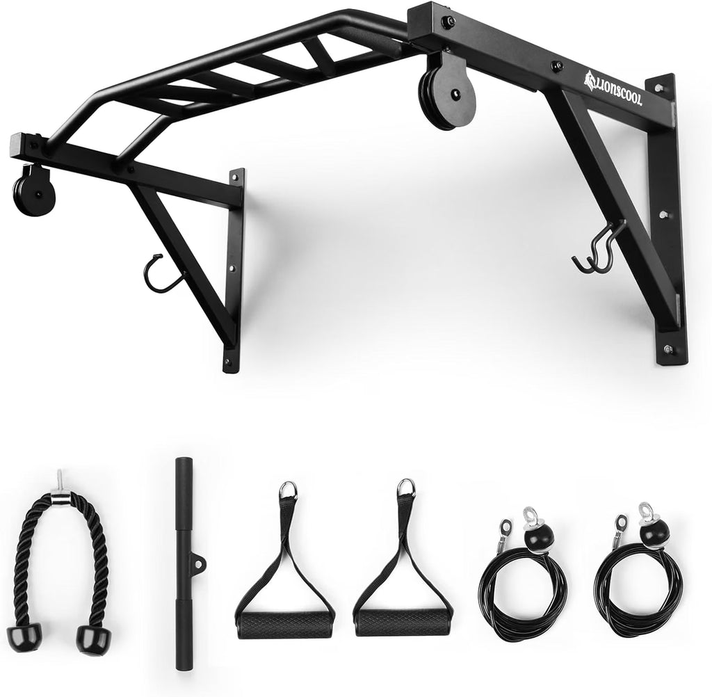 LIONSCOOL wall-mounted pull-up bar with pulley system and its included cable attachments laid out below