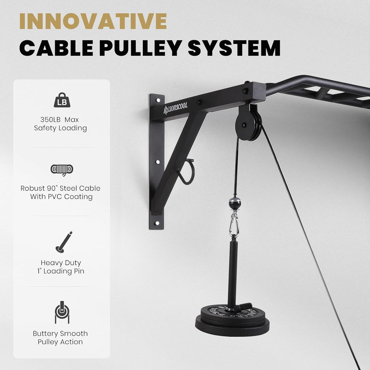 LIONSCOOL pull-up bar cable pulley system for lat pulldowns and rows, shown as a feature diagram