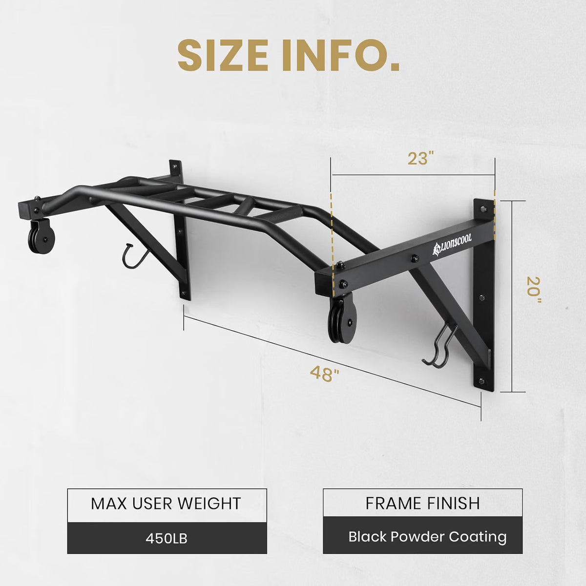 LIONSCOOL wall-mounted pull-up bar size and dimensions diagram, with 48-inch bar plus 16- and 24-inch grips