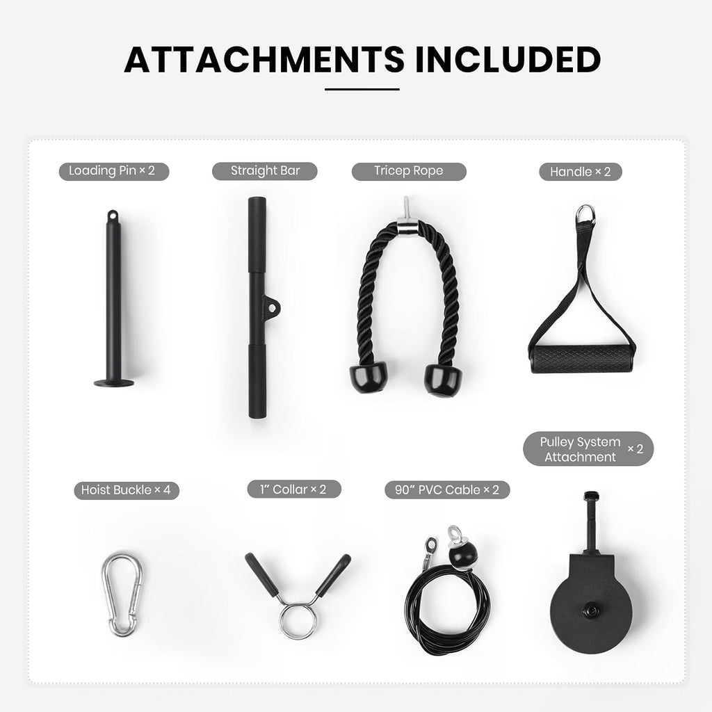 Pulley cable attachments included with the LIONSCOOL wall-mounted pull-up bar, laid out on white