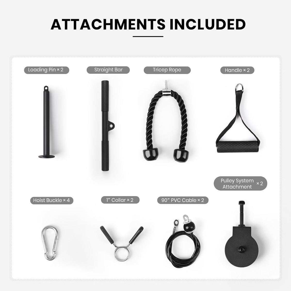 Pulley cable attachments included with the LIONSCOOL wall-mounted pull-up bar, laid out on white
