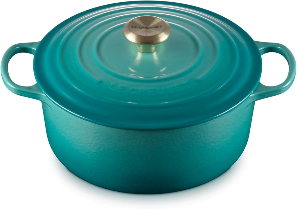 Le Creuset Signature Round Dutch Oven in teal, shown with the lid on