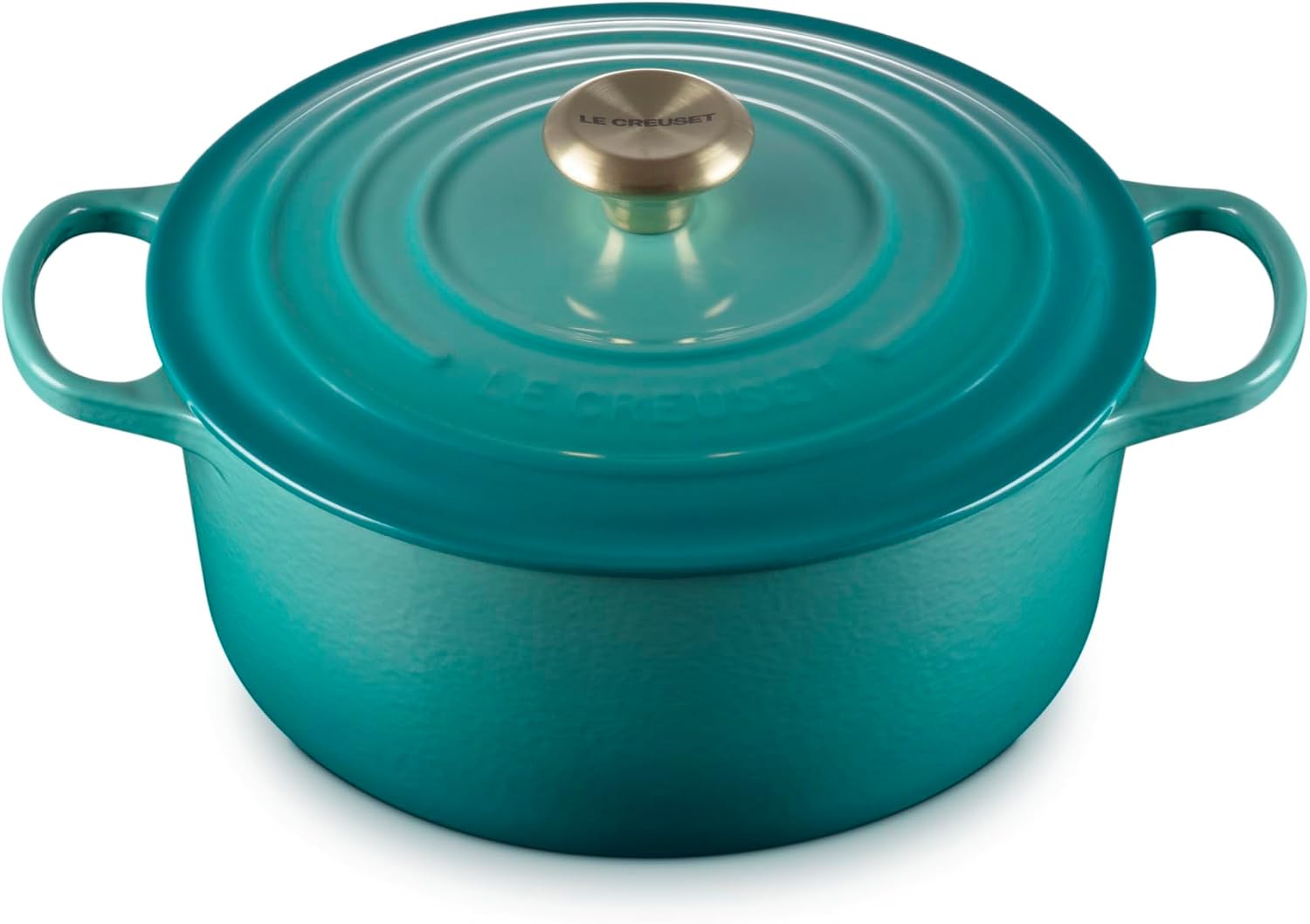 Le Creuset Signature Round Dutch Oven in teal, shown with the lid on