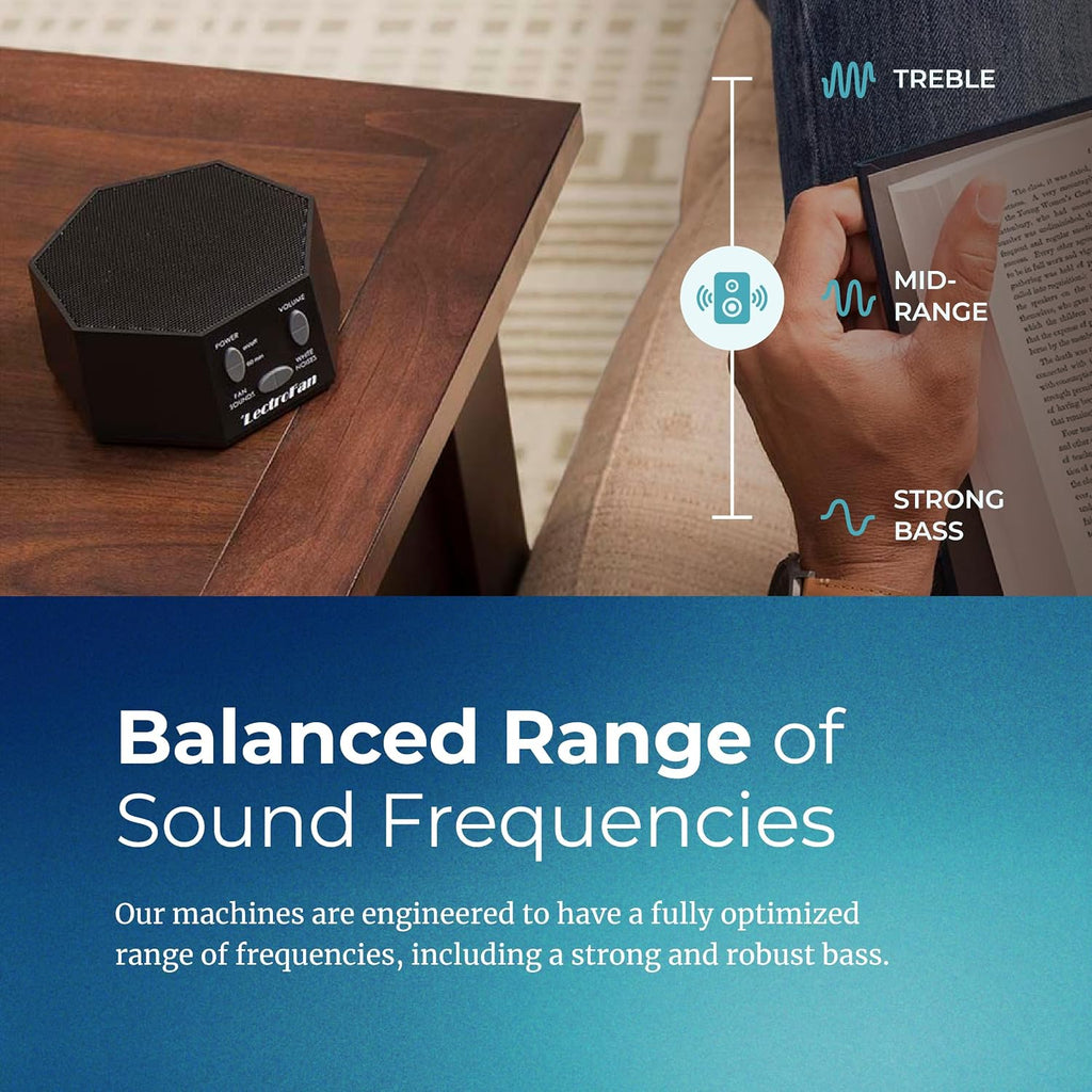 LectroFan Classic Sound Machine on a nightstand, graphic reading Balanced Range of Sound Frequencies