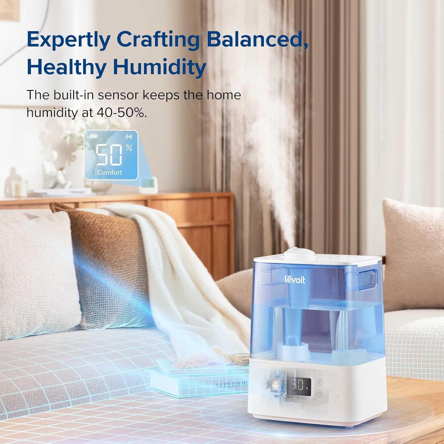 Levoit Classic300S humidifier in a bedroom setting, text reads Expertly Crafted Balance, Healthy Humidity