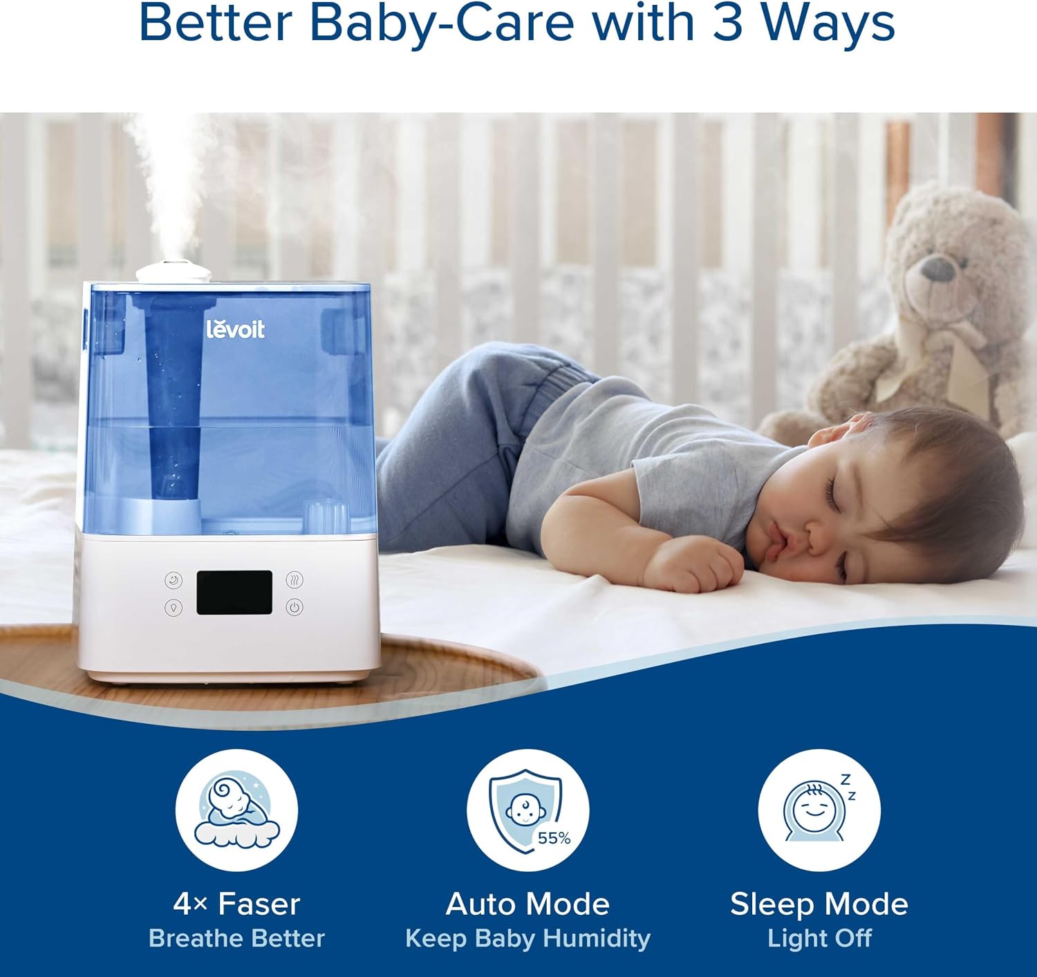 Person sleeping peacefully near the Levoit Classic300S humidifier, text reads Better Baby Care with 3 Ways
