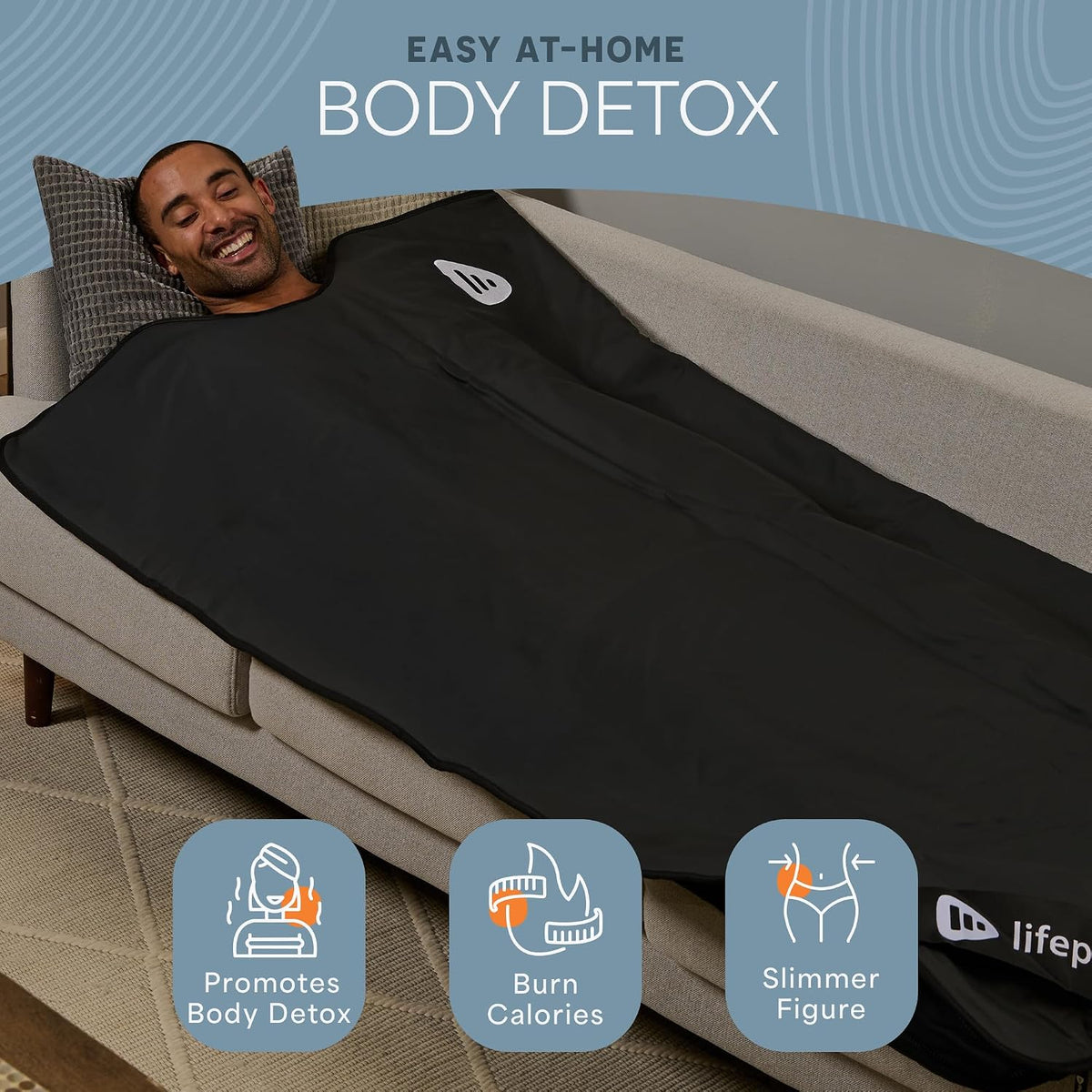 Lifepro RejuvaWrap infrared sauna blanket laid flat on a bed showing full-body coverage at 36 inches wide by 71 inches long