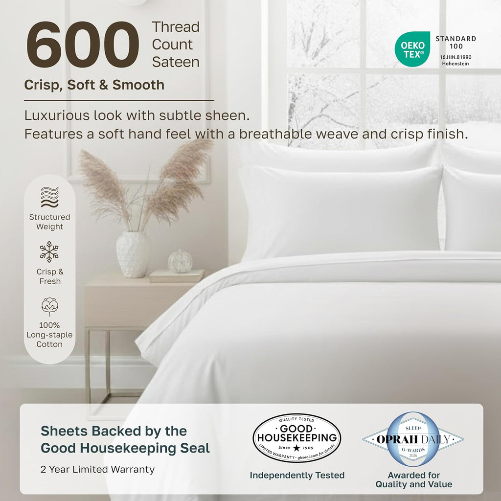 California Design Den sheet set graphic reading 600 Thread Count Sateen, Crisp, Soft & Smooth, with OEKO-TEX certification and Good Housekeeping seal