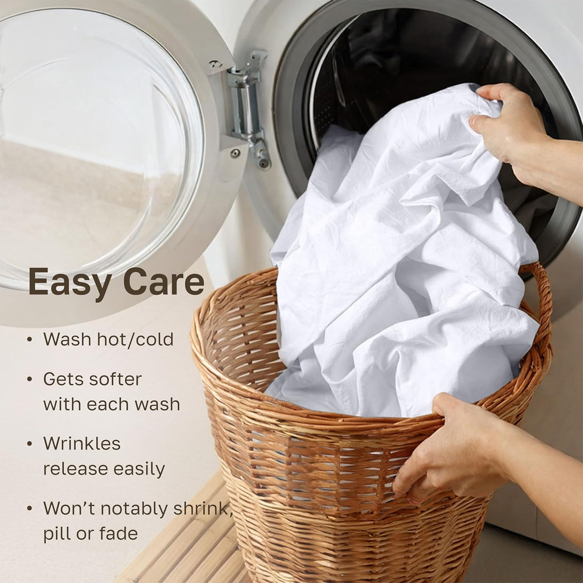Hands placing a California Design Den sheet into a laundry basket by an open washing machine, graphic reading Easy Care