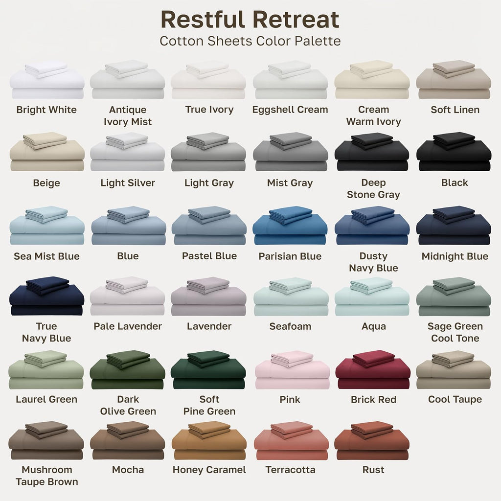 California Design Den Restful Retreat color palette showing all available sheet set colors, from Bright White to Rust