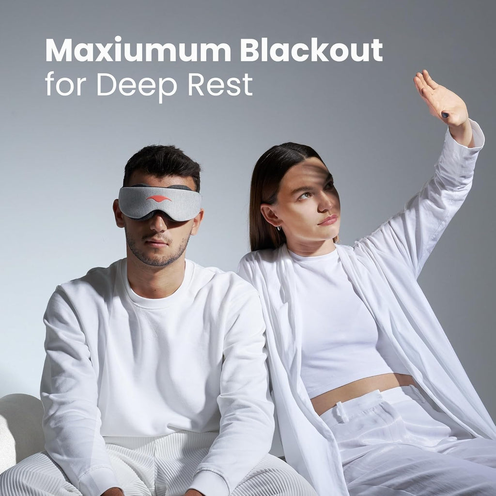 Cross-section of the Manta Sleep Mask's eye cups showing zero eye pressure design, graphic reading Zero Eye Pressure for Custom Comfort