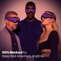 Three people wearing the Manta Pro Sleep Mask, graphic reading 100% Blackout for Deep Rest Anywhere, Anytime