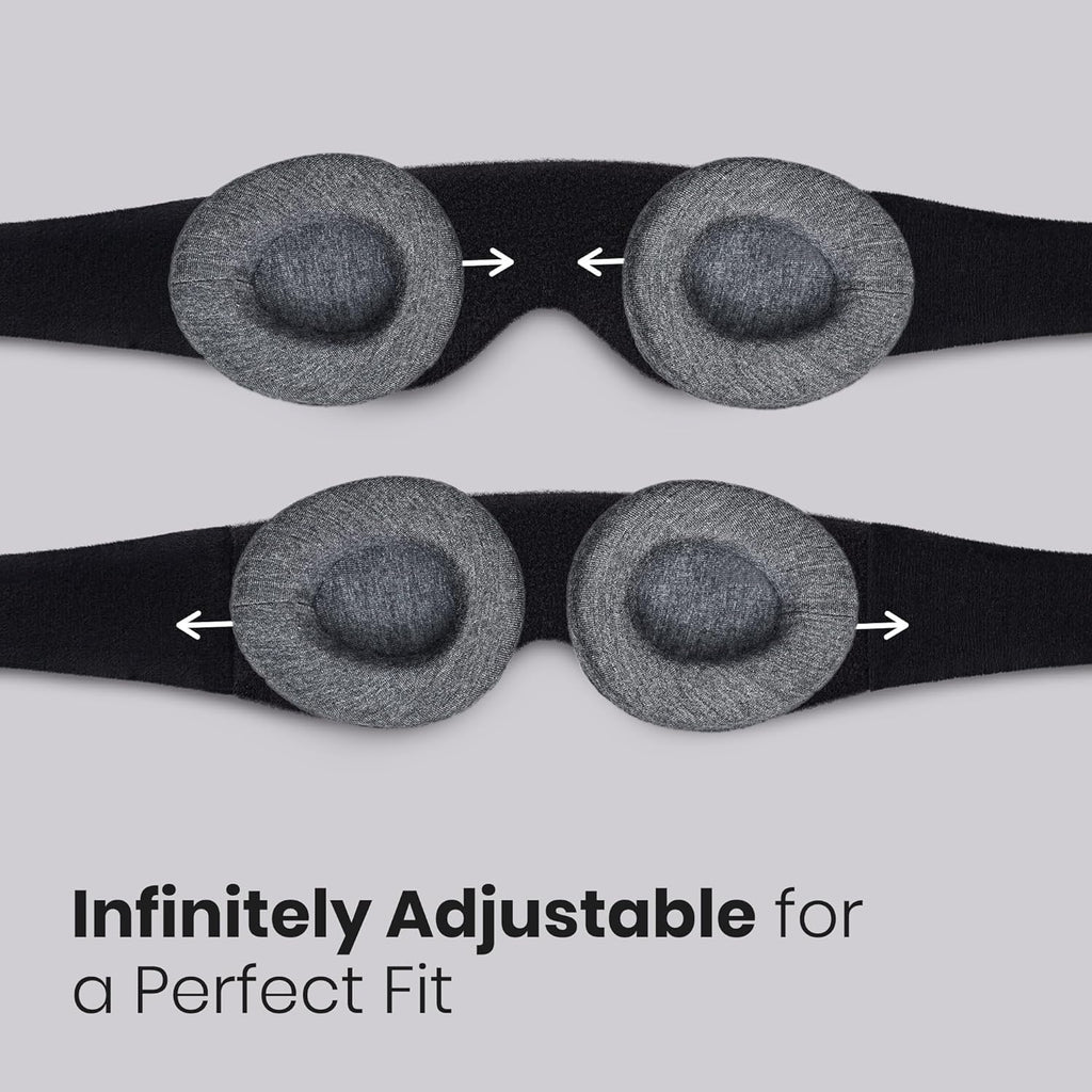 Two views of the Manta Sleep Mask's eye cups compressed together and pulled apart, graphic reading Infinitely Adjustable for a Perfect Fit