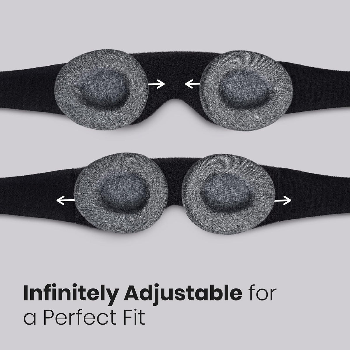 Two views of the Manta Sleep Mask's eye cups compressed together and pulled apart, graphic reading Infinitely Adjustable for a Perfect Fit