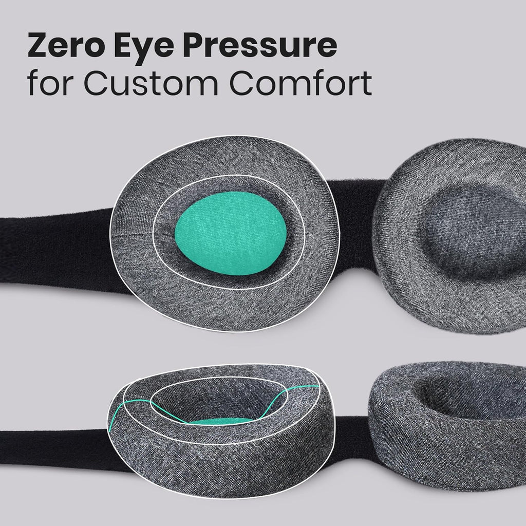 Two people wearing the Manta Sleep Mask, graphic reading Maximum Blackout for Deep Rest