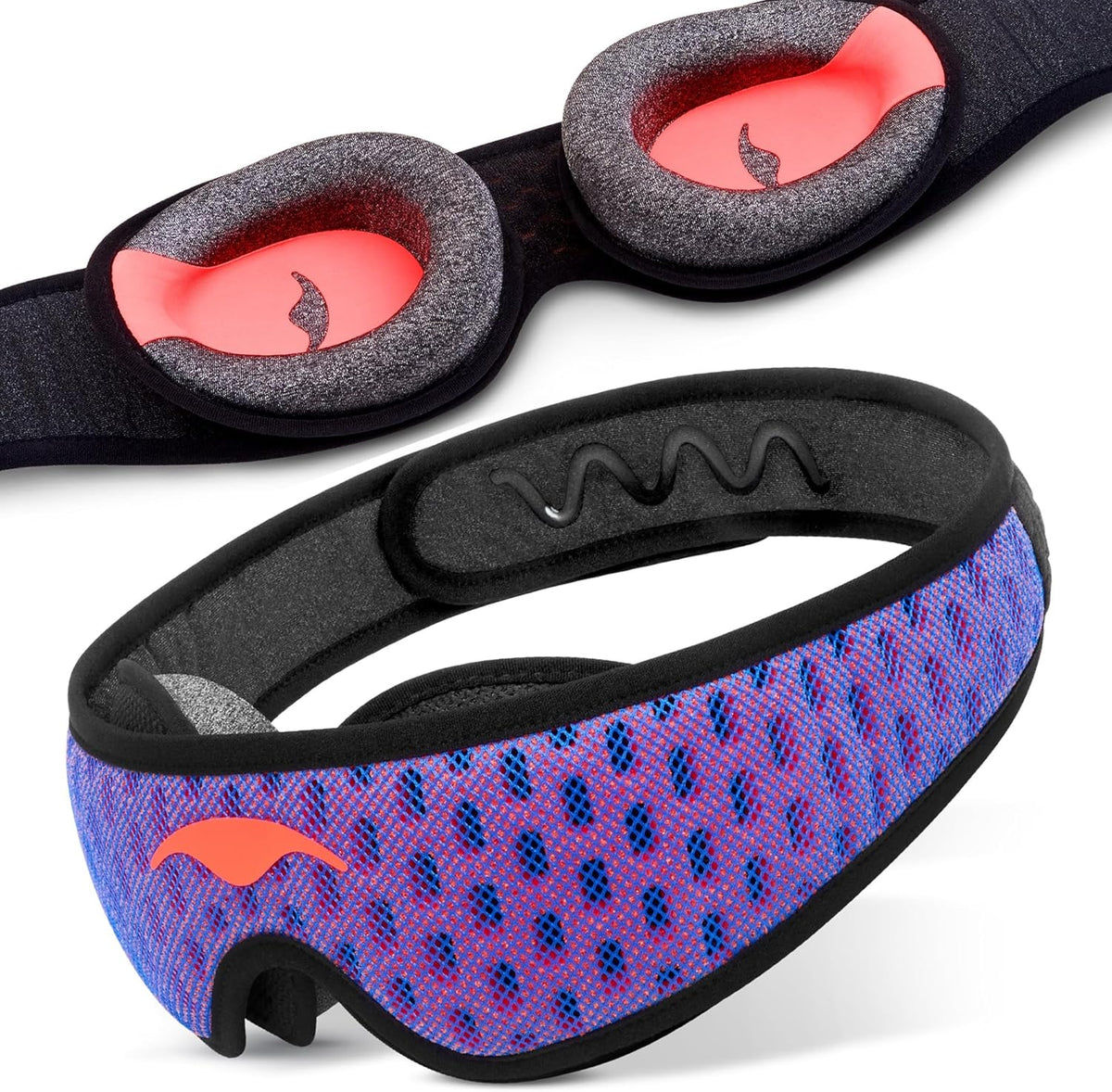 Close-up of the Manta Pro Sleep Mask's C-shaped eye cups from the front and back, showing the red interior lining