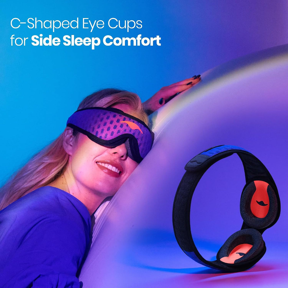 Woman lying down wearing the Manta Pro Sleep Mask, graphic reading C-Shaped Eye Cups for Side Sleep Comfort