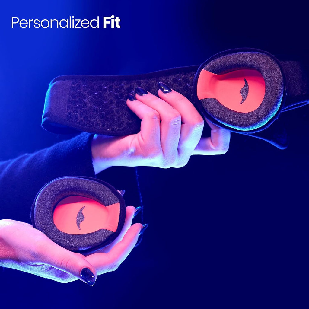 Hands holding the Manta Pro Sleep Mask's eye cups, graphic reading Personalized Fit