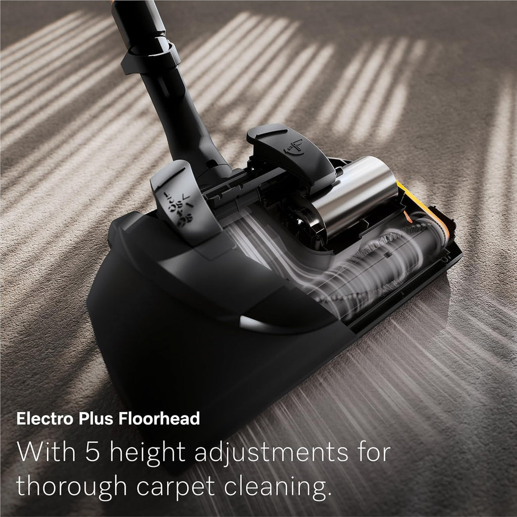 Cutaway view of the Miele Guard L1's Electro Plus Floorhead brush roll in motion on carpet, showing 5 height adjustment settings