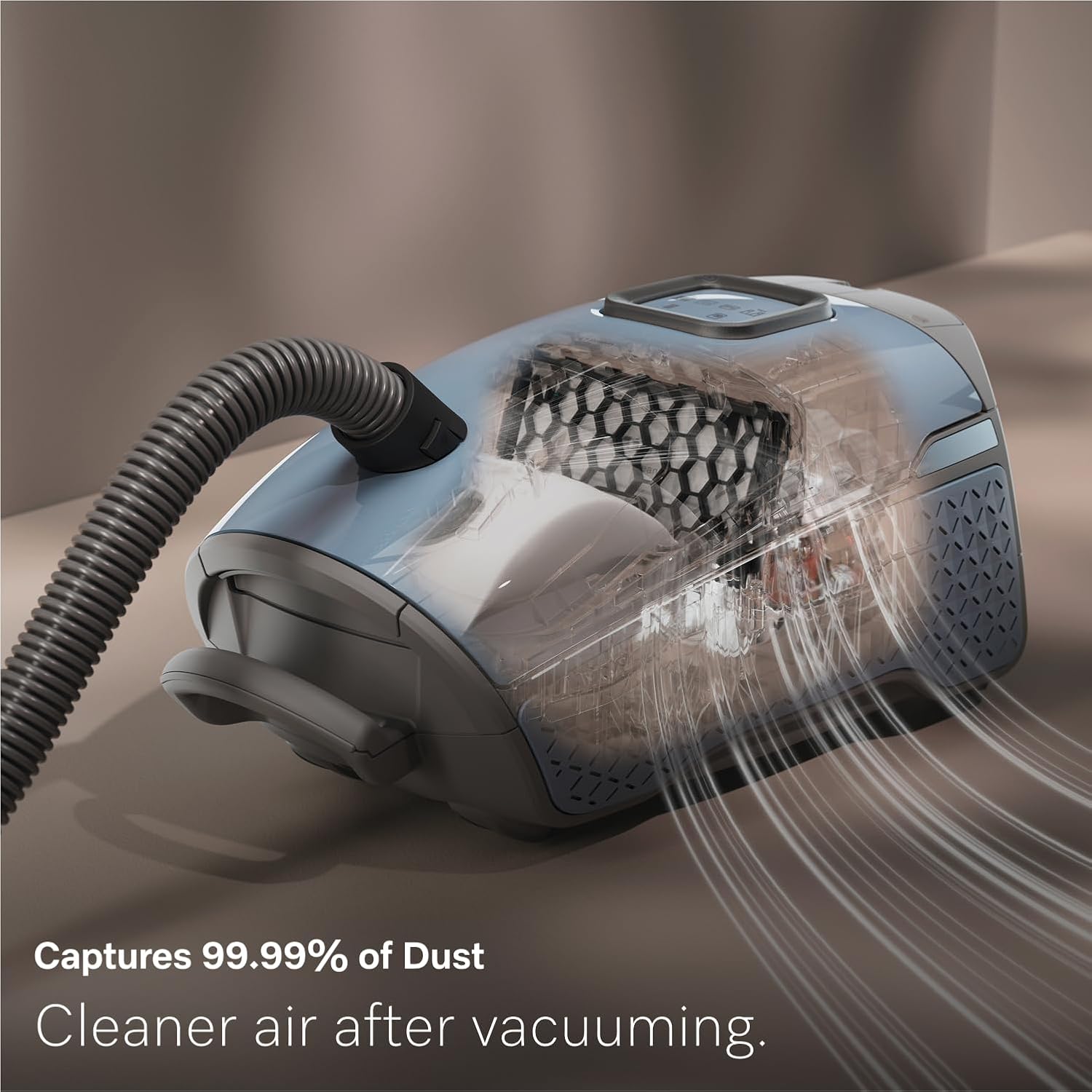 Cutaway view of the Miele Guard L1 vacuum body showing internal airflow and filtration capturing dust