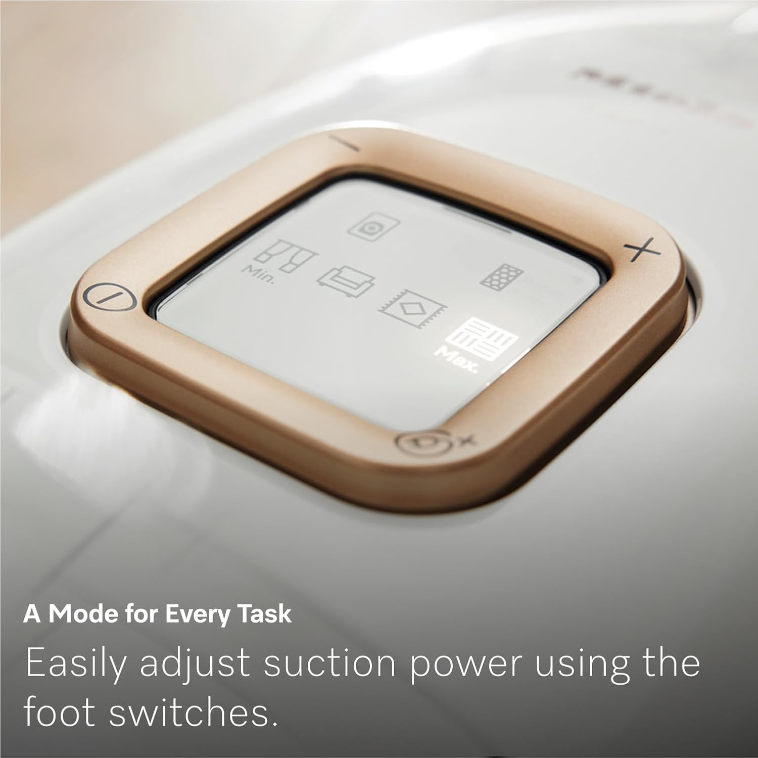 Close-up of the Miele Guard L1's touch control panel showing selectable suction modes adjusted by foot switch