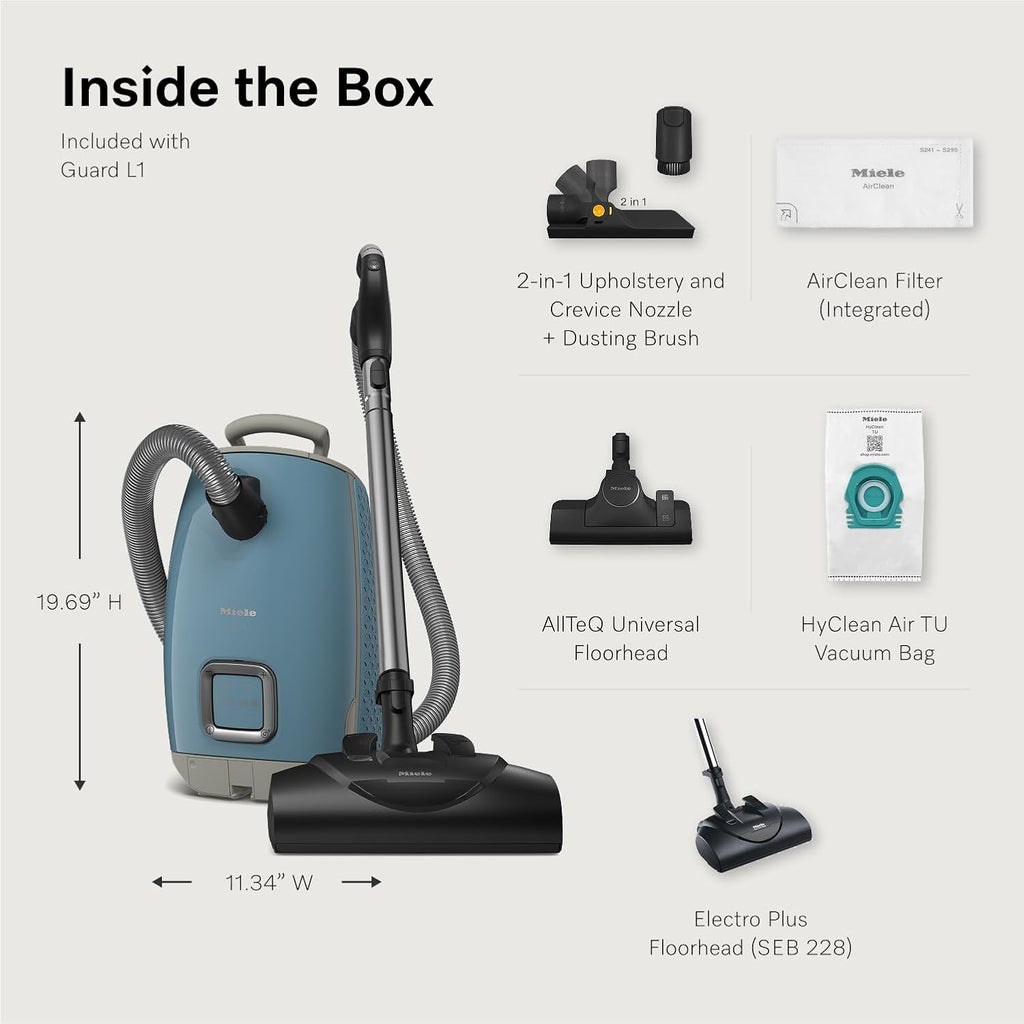 Miele Guard L1 vacuum with included accessories: AllTeQ Universal Floorhead, Electro Plus Floorhead, 2-in-1 upholstery and crevice nozzle, dusting brush, AirClean filter, and HyClean Air TU vacuum bag