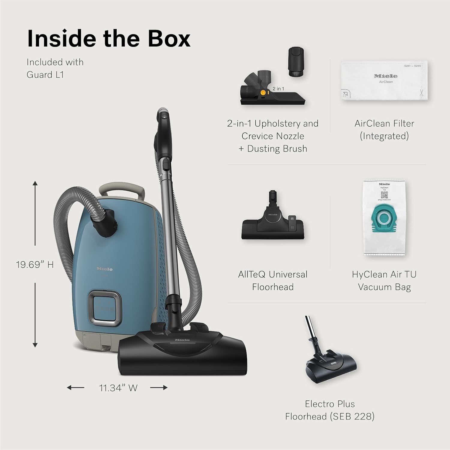 Miele Guard L1 vacuum with included accessories: AllTeQ Universal Floorhead, Electro Plus Floorhead, 2-in-1 upholstery and crevice nozzle, dusting brush, AirClean filter, and HyClean Air TU vacuum bag