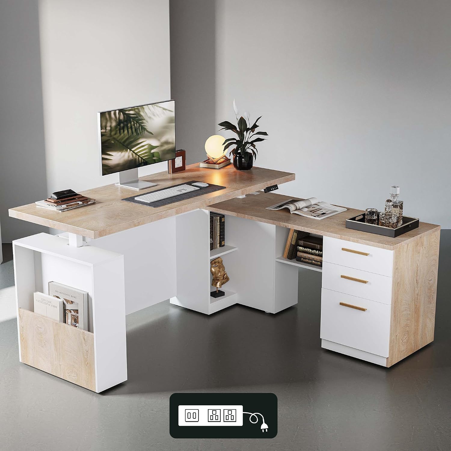 L-shaped executive standing desk in light walnut with white drawers, integrated storage, and adjustable height