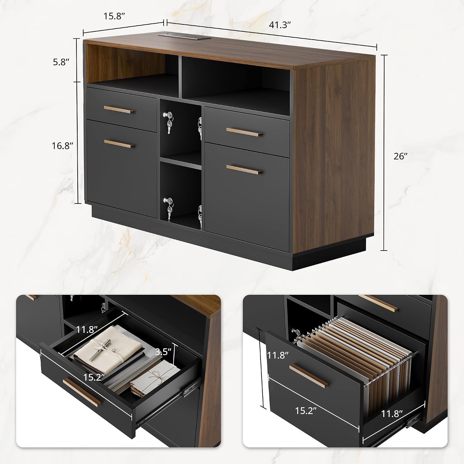 ModernMate 4-Drawer Wood File Cabinet — Locking, Built-In Power