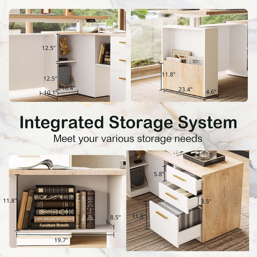 Integrated storage system of the ModernMate L-shaped desk showing three drawers and file cabinet