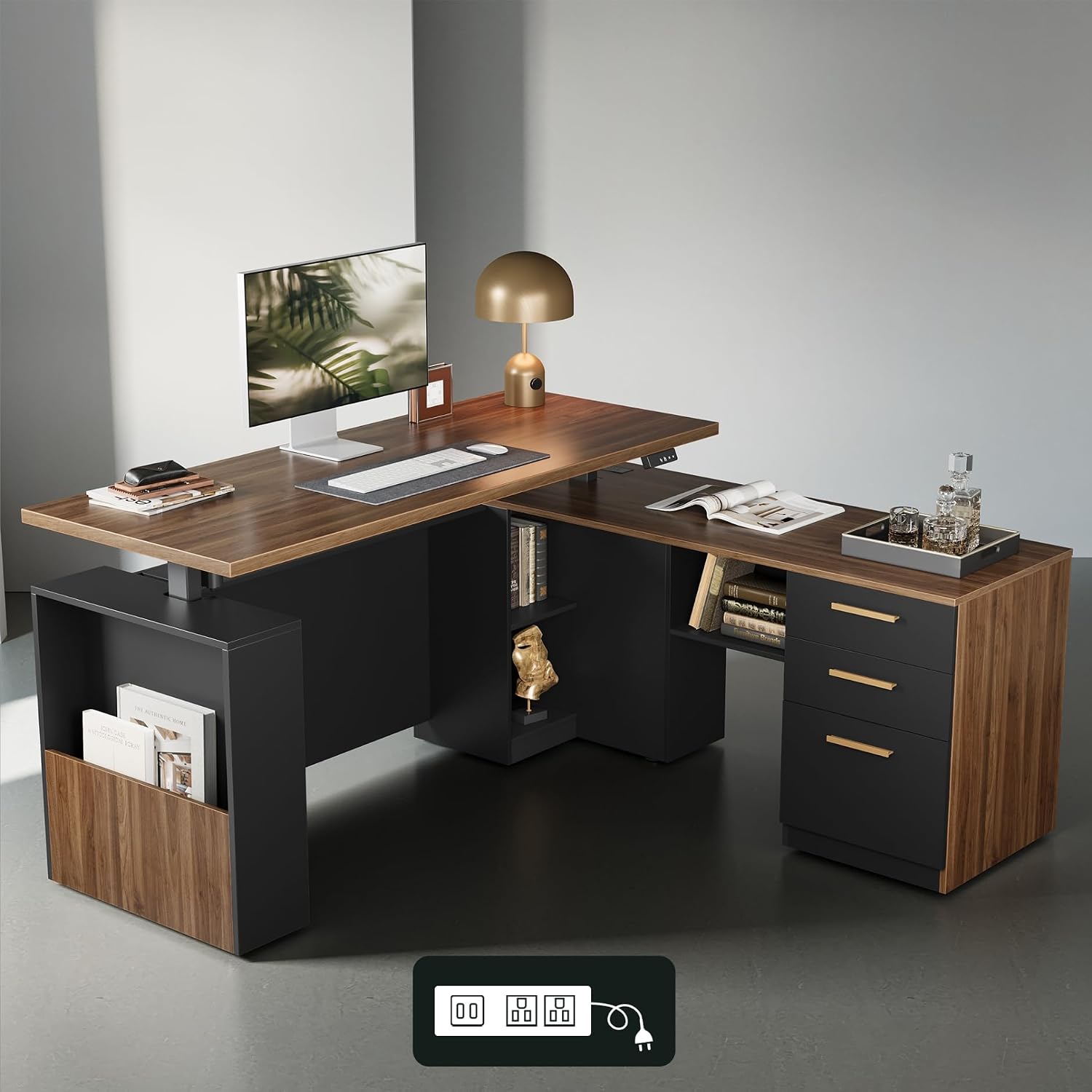ModernMate 63" L-Shaped Multi-Functioning Executive Workstation — Black Walnut