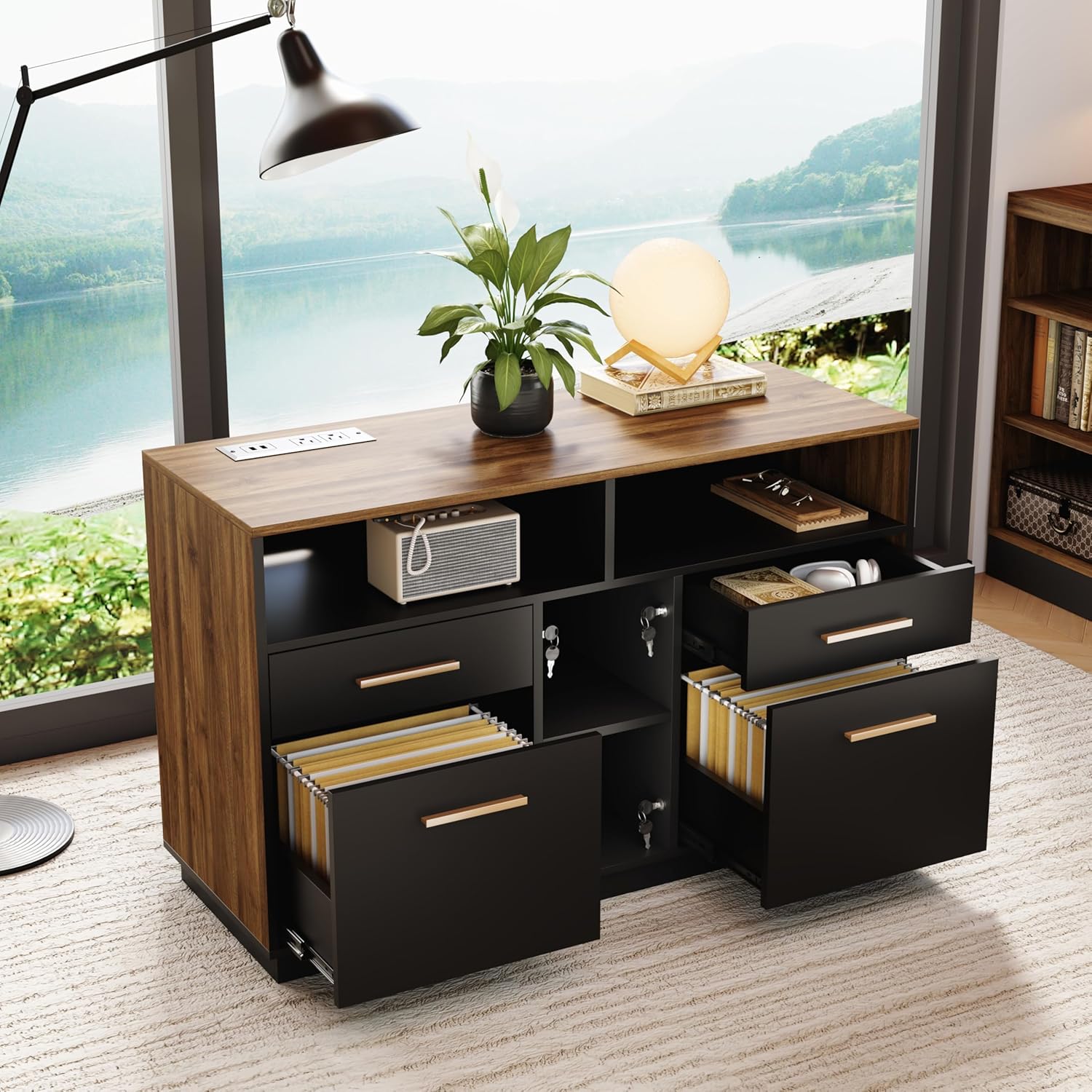 ModernMate 4-Drawer Wood File Cabinet — Locking, Built-In Power