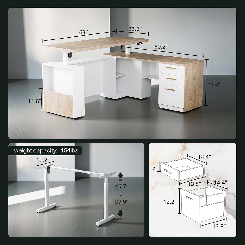 ModernMate light walnut L-shaped desk shown at sitting and standing heights with memory buttons