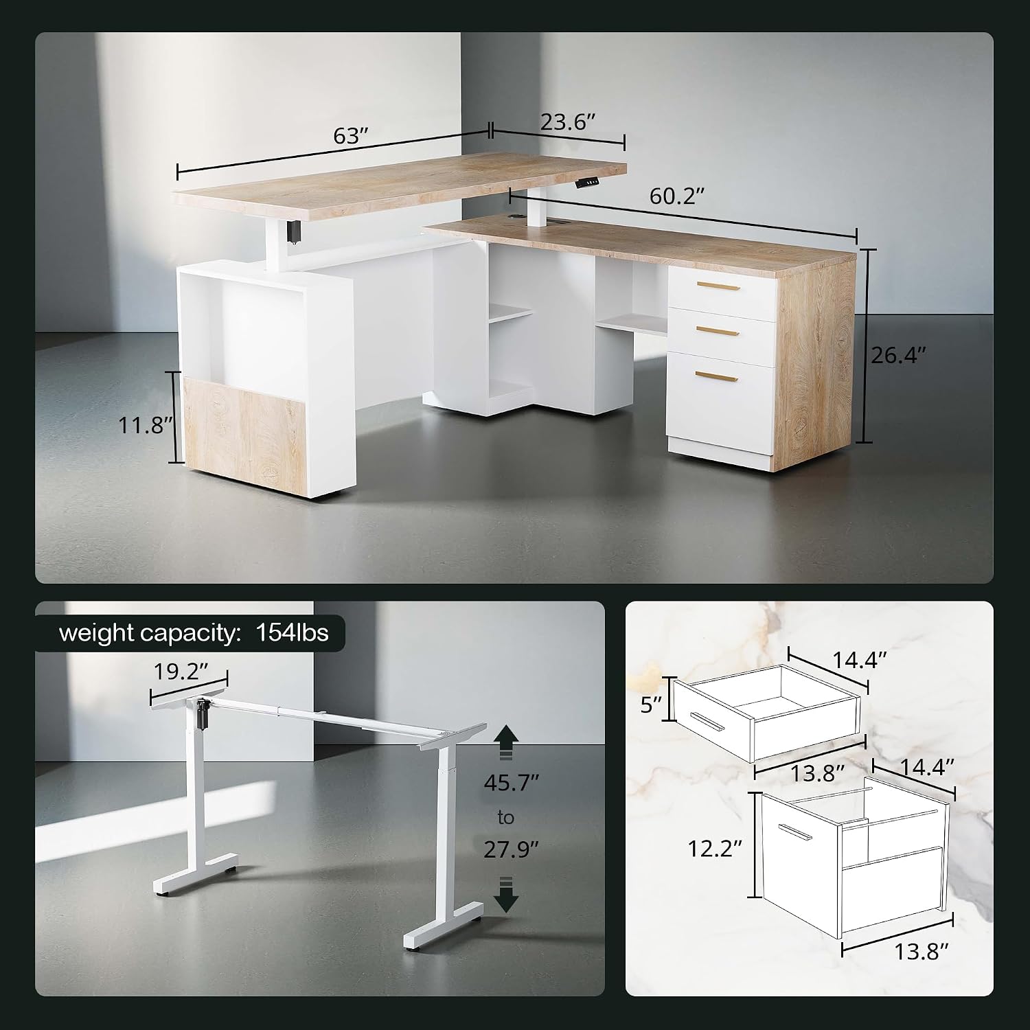 ModernMate light walnut L-shaped desk shown at sitting and standing heights with memory buttons