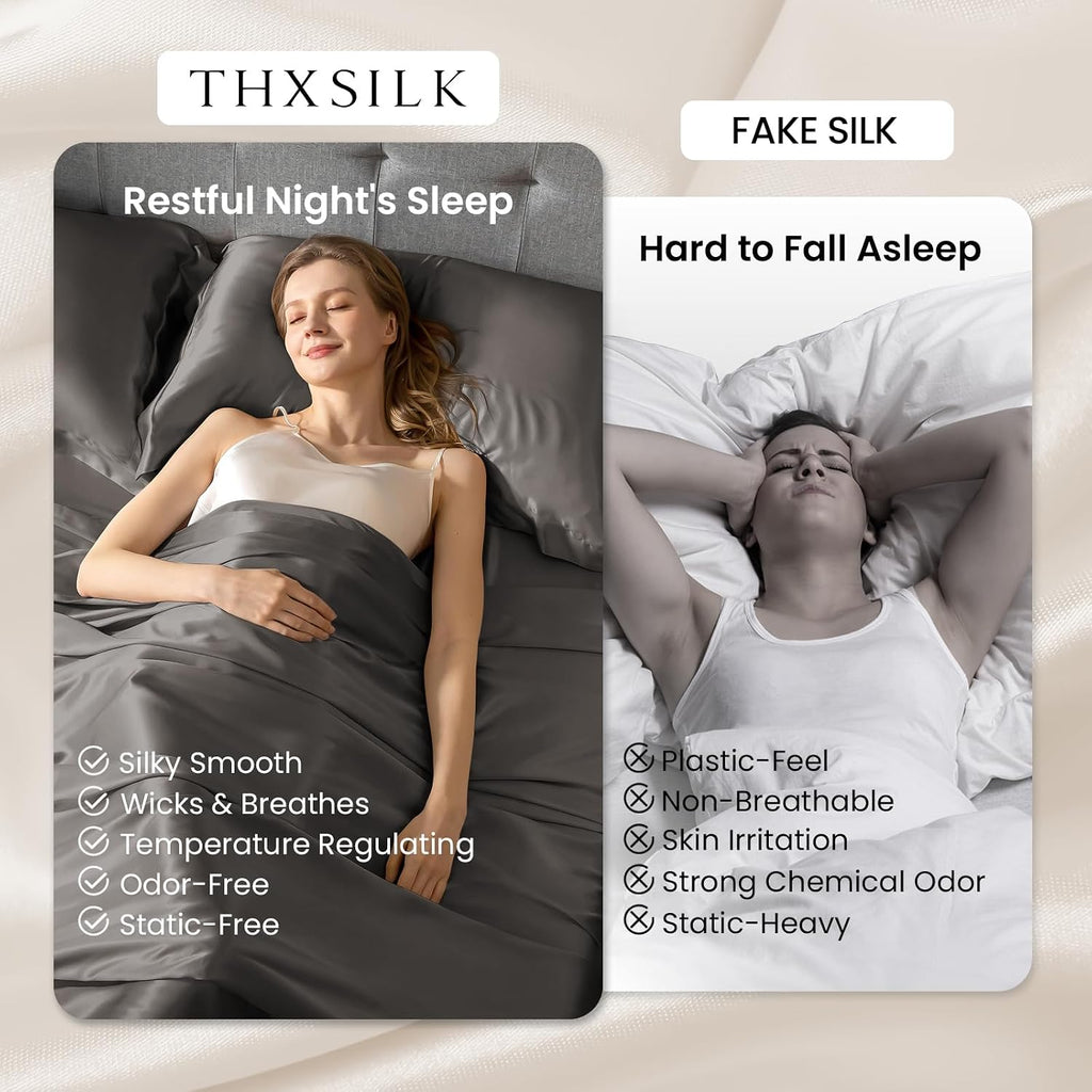 Woman sleeping peacefully on THXSILK sheets versus a person struggling to sleep on fake silk, comparing Silky Smooth and Temperature Regulating benefits against Plastic-Feel and Static-Heavy drawbacks