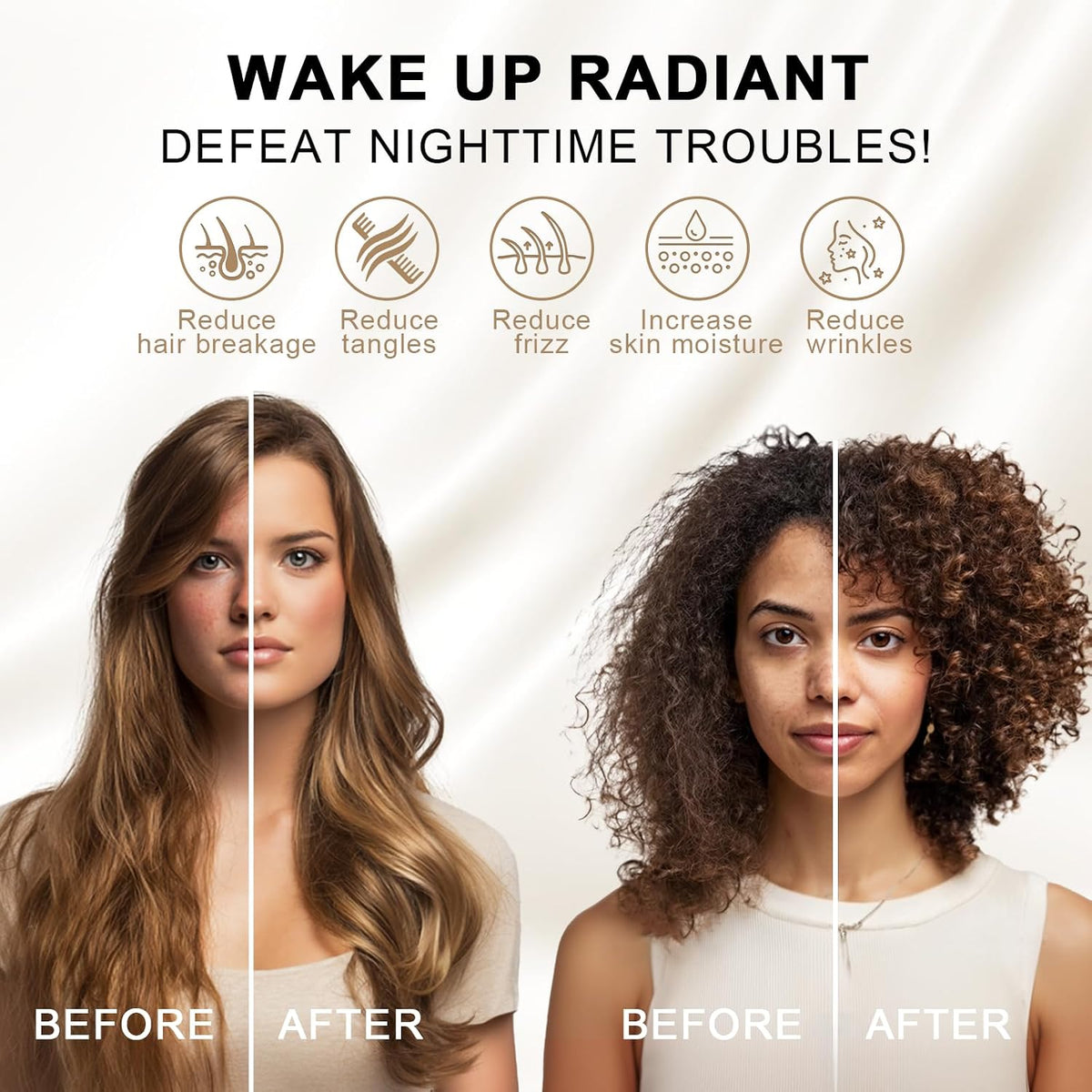Before and after comparison of hair and skin after sleeping on THXSILK sheets, graphic reading Wake Up Radiant, Defeat Nighttime Troubles