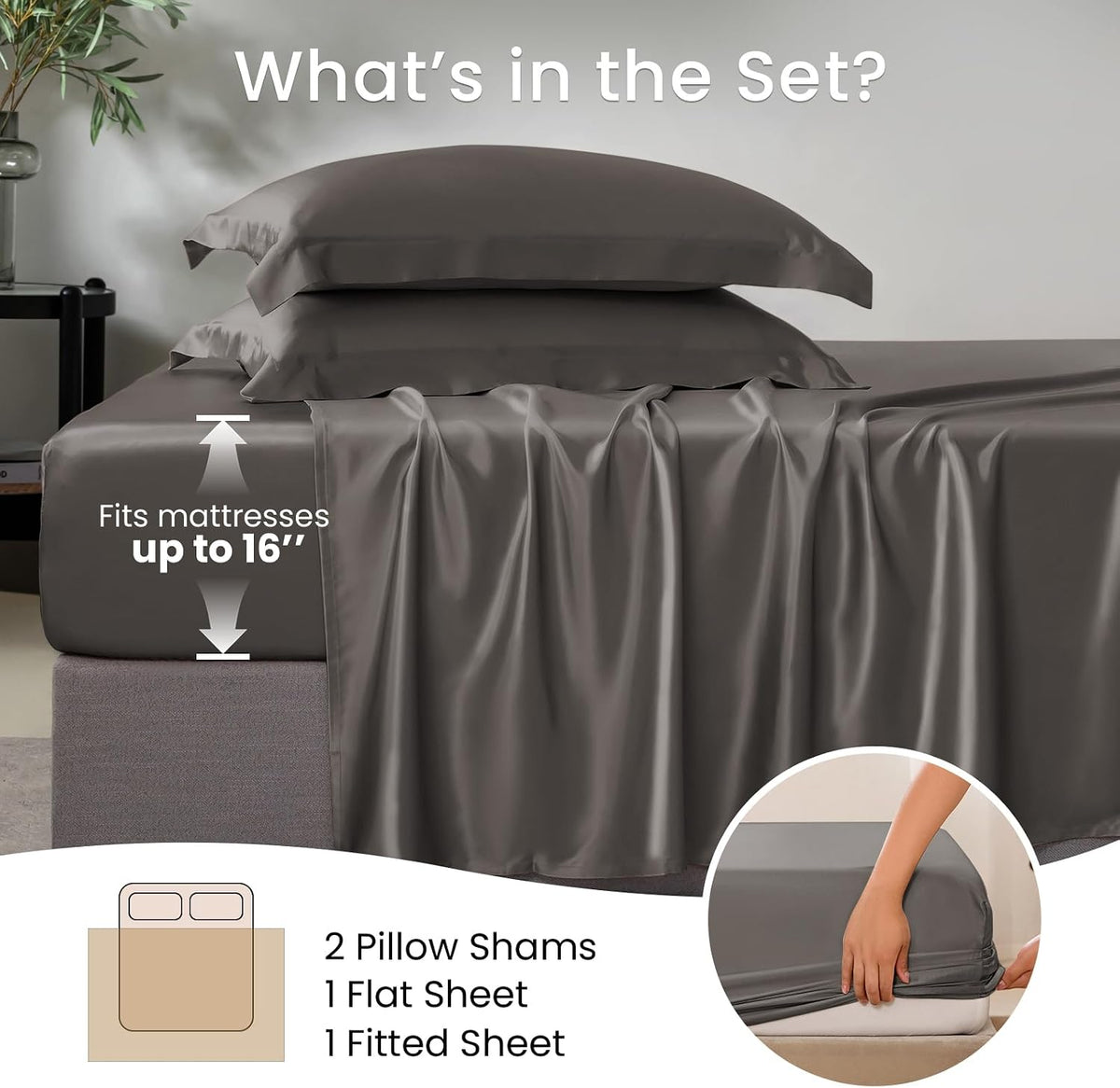 THXSILK sheet set contents graphic showing 2 pillow shams, 1 flat sheet, and 1 fitted sheet that fits mattresses up to 16 inches