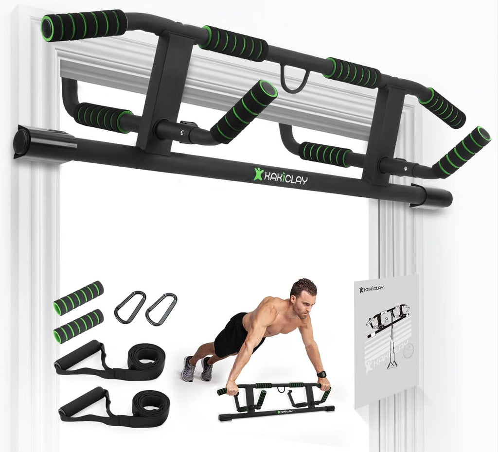 KAKICLAY multi-grip doorway pull-up bar mounted in a doorframe, shown with floor push-up use below