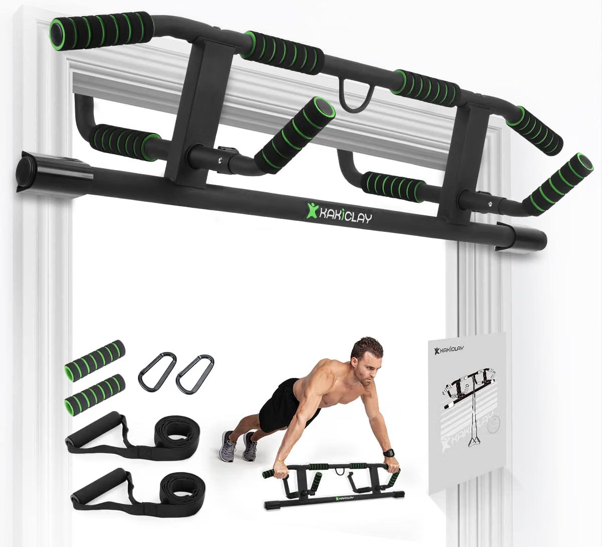 KAKICLAY multi-grip doorway pull-up bar mounted in a doorframe, shown with floor push-up use below