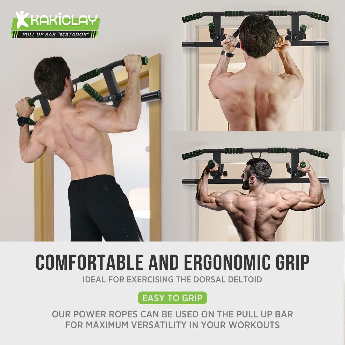 Person doing pull-ups on a KAKICLAY doorway pull-up bar, showing its comfortable ergonomic grips