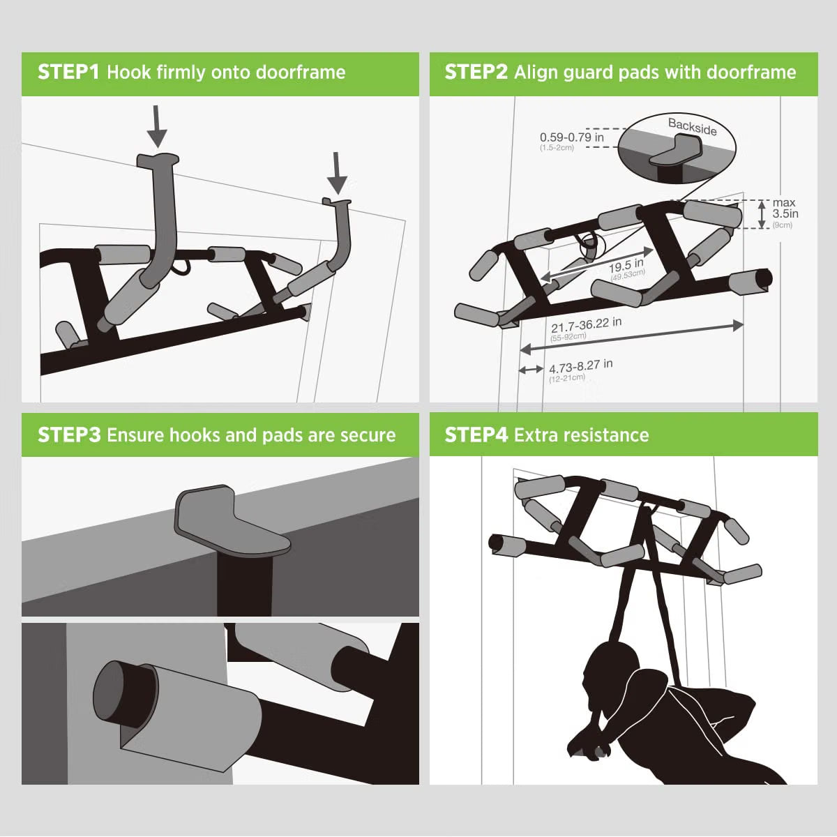KAKICLAY doorway pull-up bar feature graphic highlighting its larger reinforced hooks