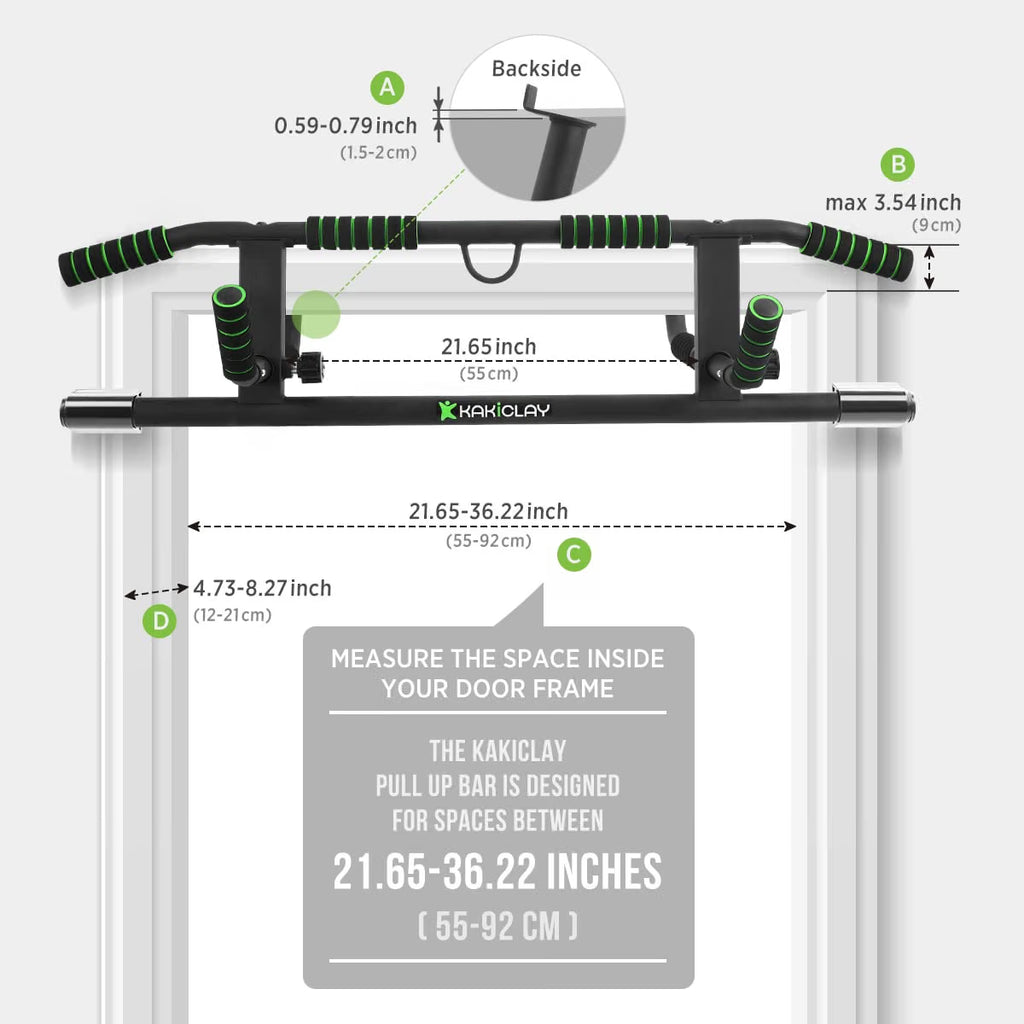 KAKICLAY doorway pull-up bar installation and door-frame fit diagram