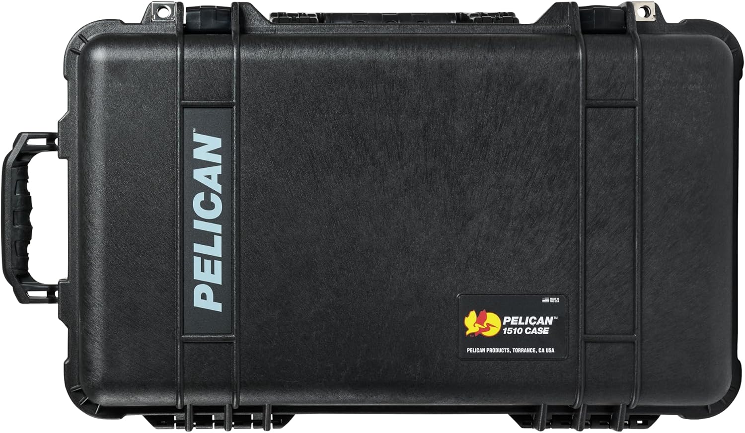 Pelican 1510 Protective Case in black, closed, front view with wheels and handle