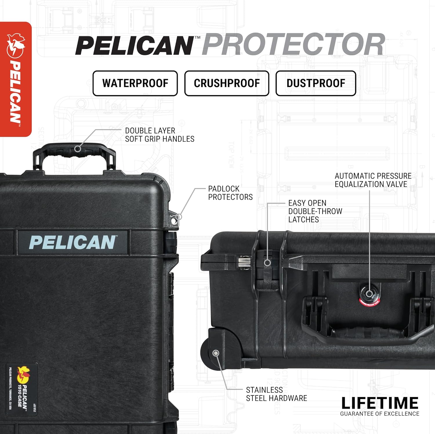 Pelican 1510 Protective Case marketing graphic reading Pelican Protector: waterproof, dustproof, crushproof