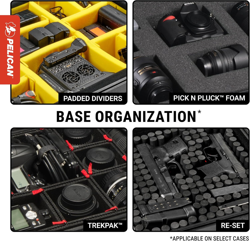 Pelican 1510 Protective Case foam interior organized around camera gear, labeled Base Organization